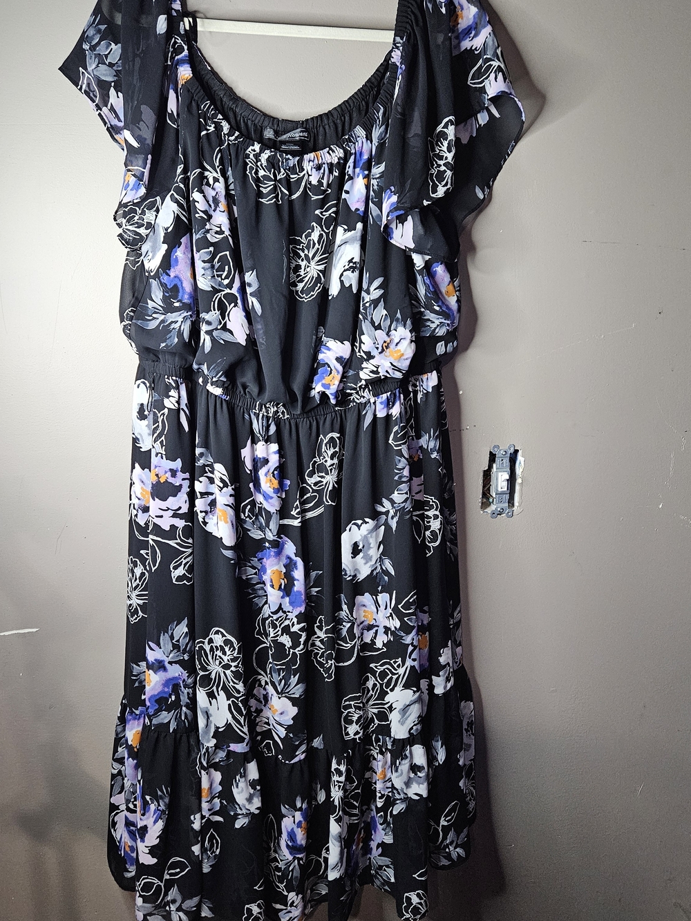 Jessica Howard Black Floral Midi Dress with Purple & White Accents
